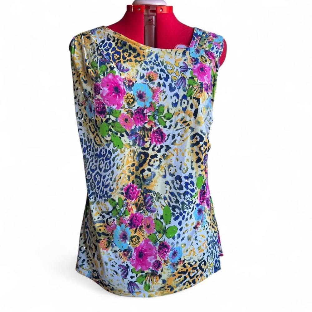 Simonton Says Multicolor Floral Leopard Pring Sleeveless Top Metallic Party Med